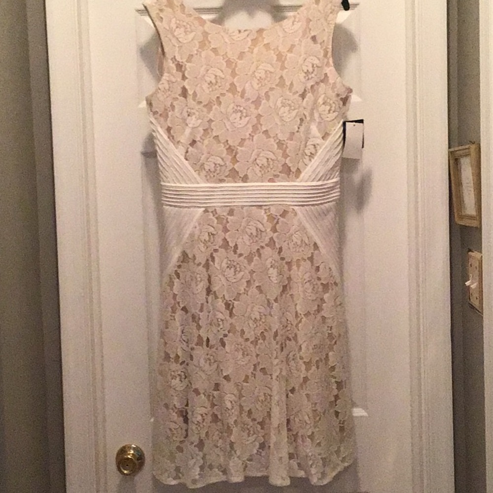 Gabby Skye beautiful new white/tan lace dress